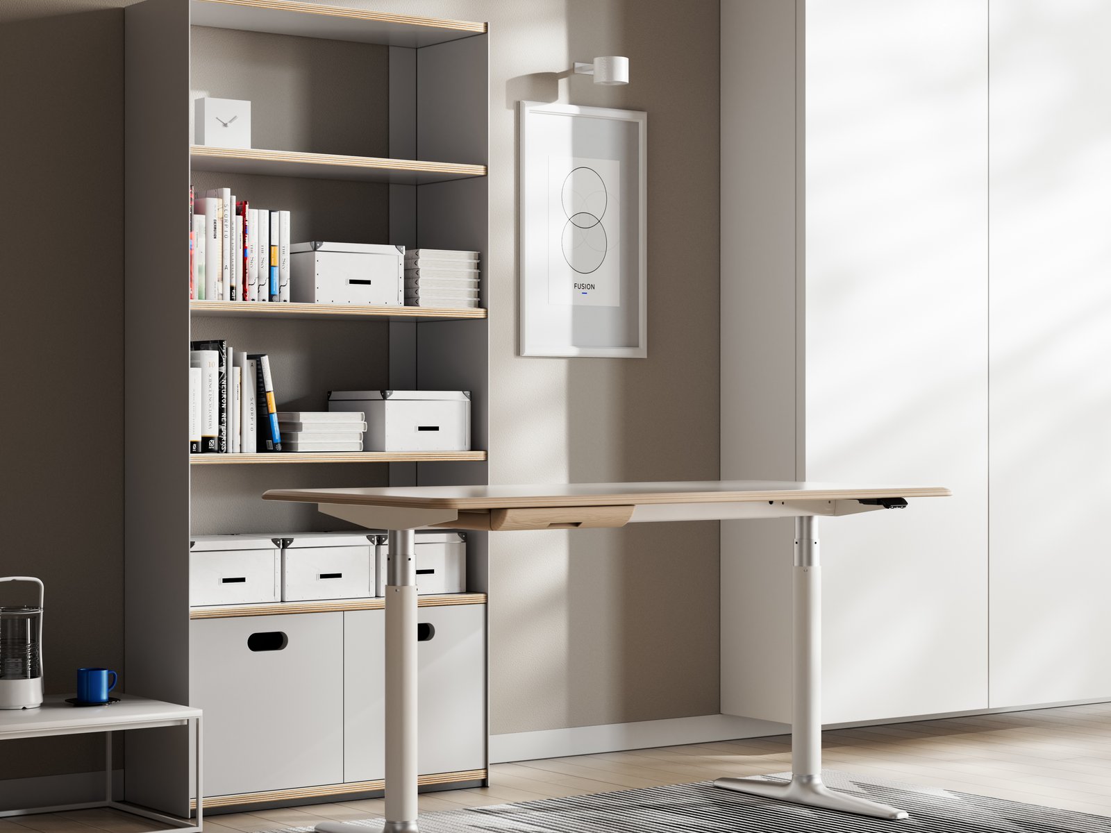 A BookLove standing desk and shelving workspace