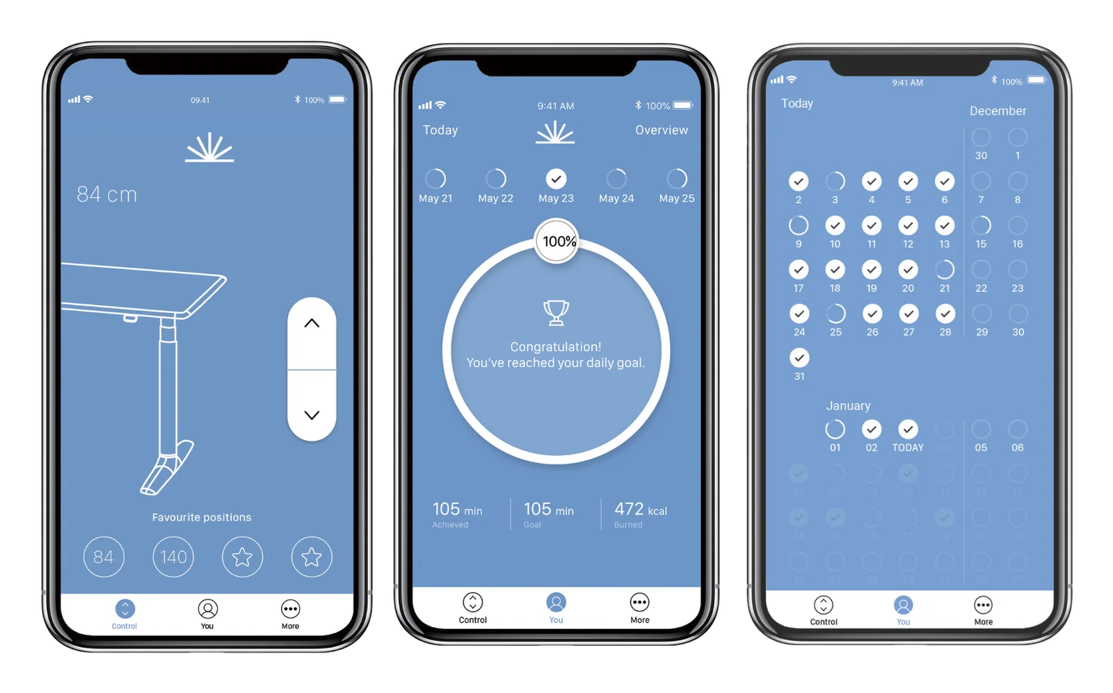 BookLove Desk Control App — height control, activity goals and calendar
